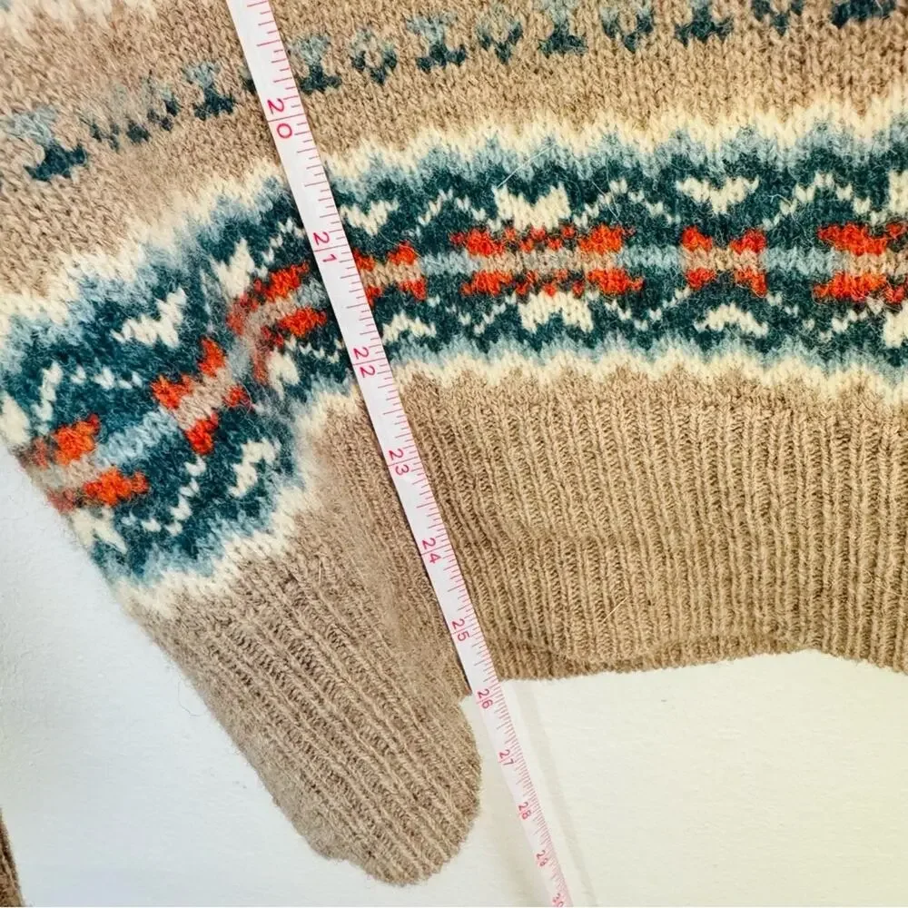MENS J CREW Beige Tan Blue Fair Isle Wool Stripe Crew $228 Pullover Sweater S